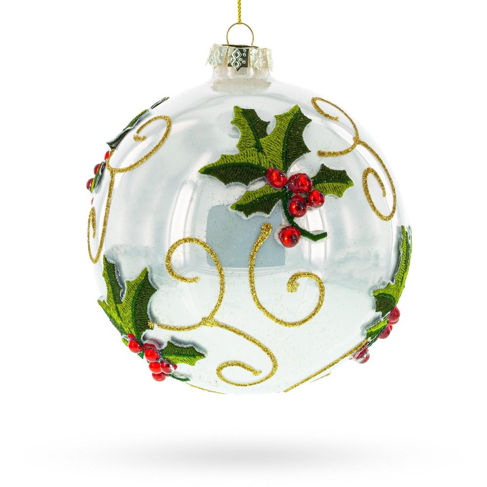 Embroidered Poinsettia Blown Glass Ball Christmas Ornament  |   Flowers Flowers Flowers