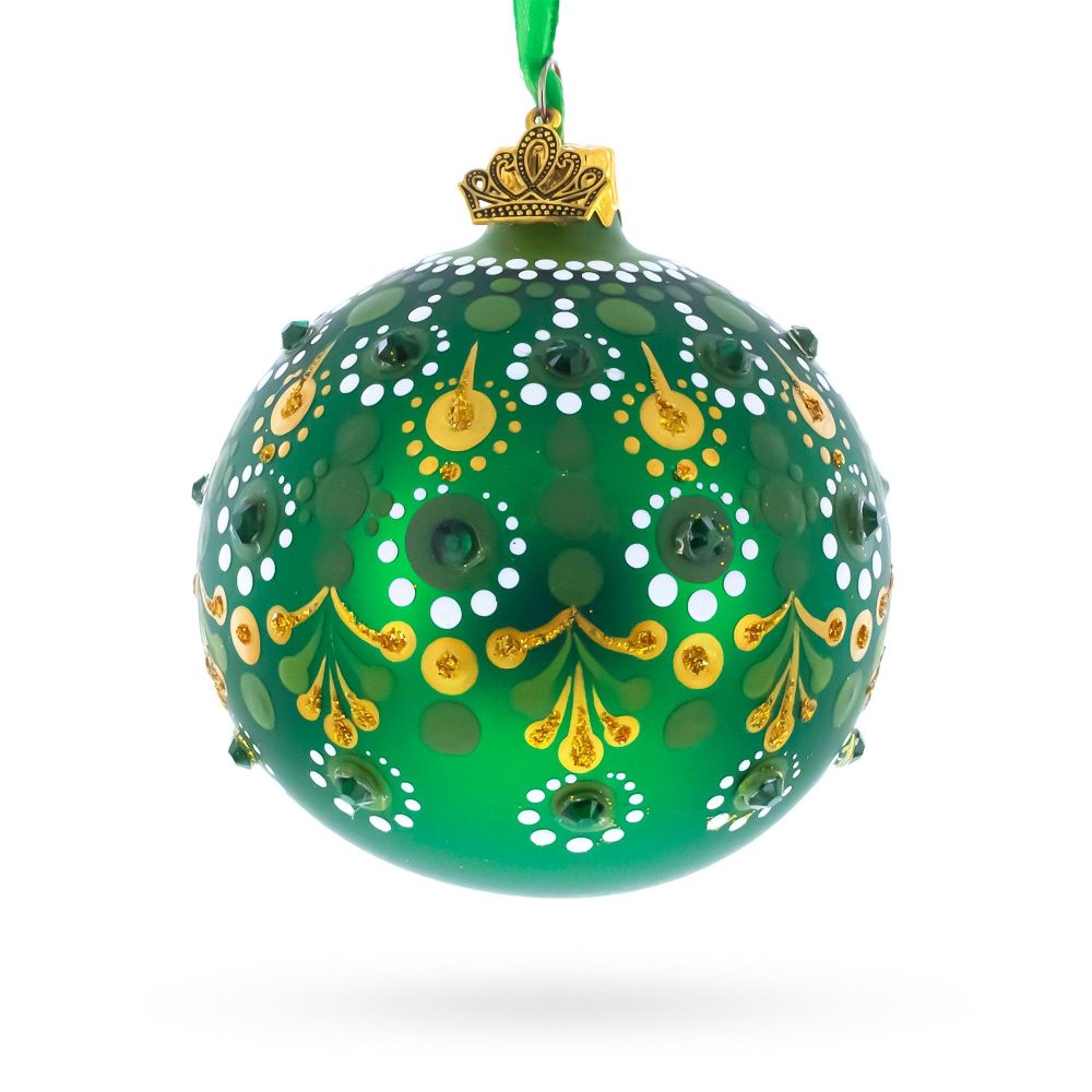 Emerald Green With Golden Accents And Crystals Glass Ball Christmas Ornament 3.25 Inches  |   Couturier Couturier Couturier