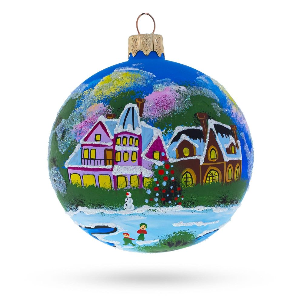 Enchanted Christmas Night Winter Village Scene Blown Glass Ball Ornament 3.25 Inches  |   Winter Villages Ornaments Winter Villages