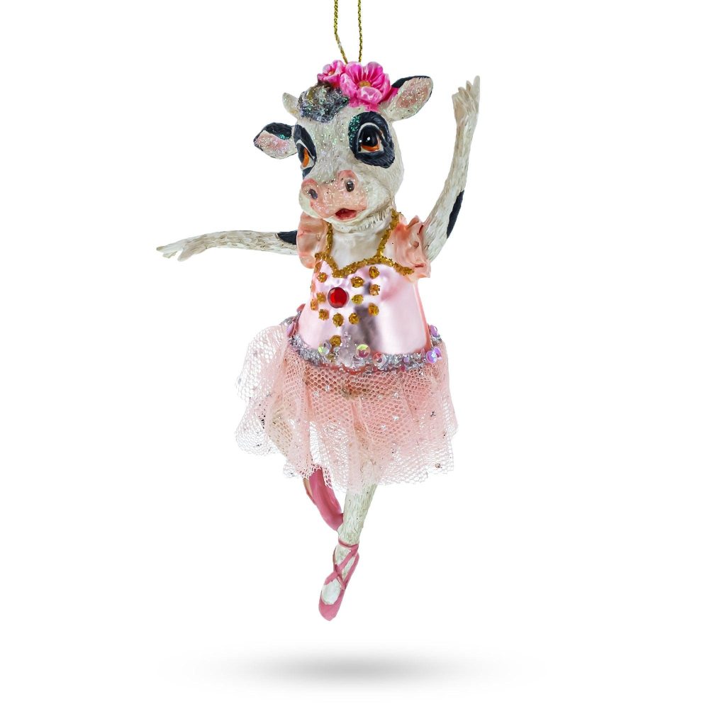 Enchanting Ballerina Cow In Tutu Dancing Blown Glass Christmas Ornament  |   Animals Animals Animals