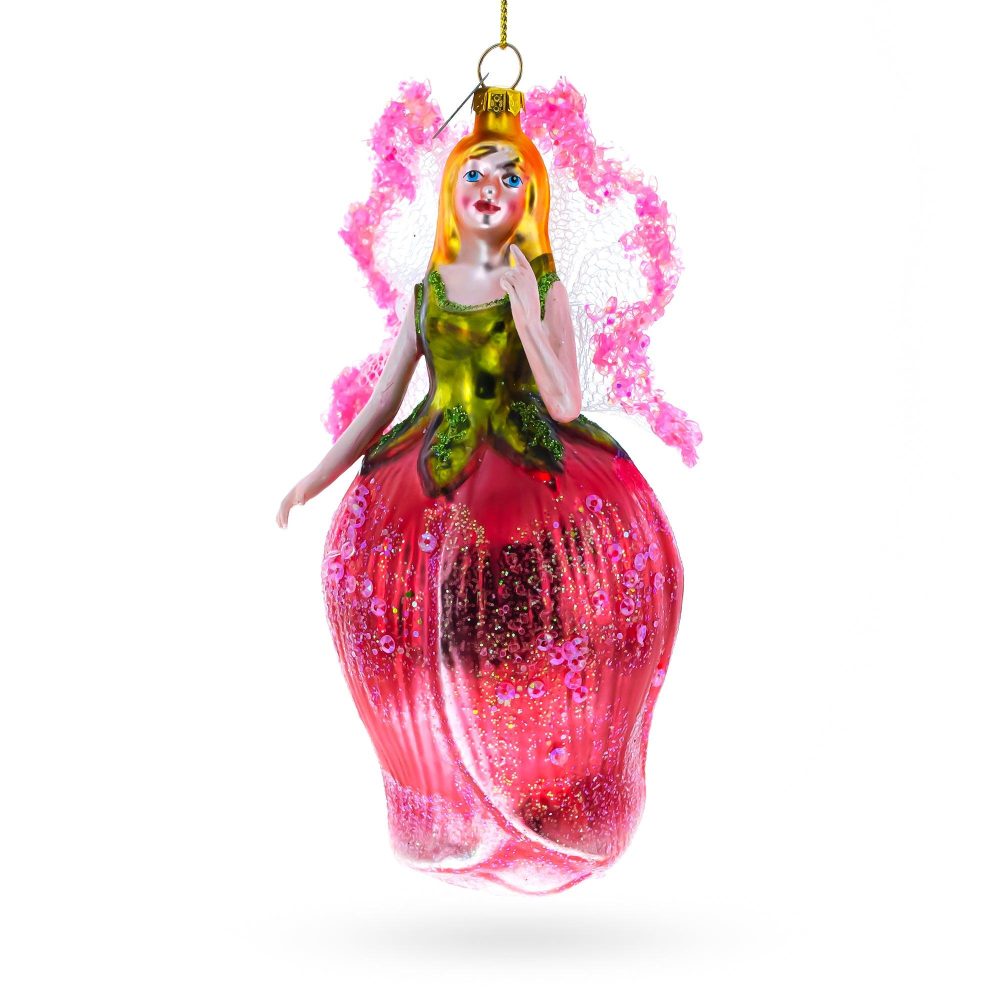 Enchanting Fairy In A Rose Dress Glass Christmas Ornament  |   Flowers Flowers Flowers