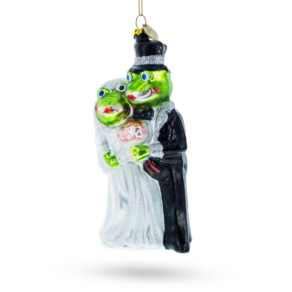 Enchanting Frog Bride And Groom Glass Christmas Ornament  |   Love Love Love