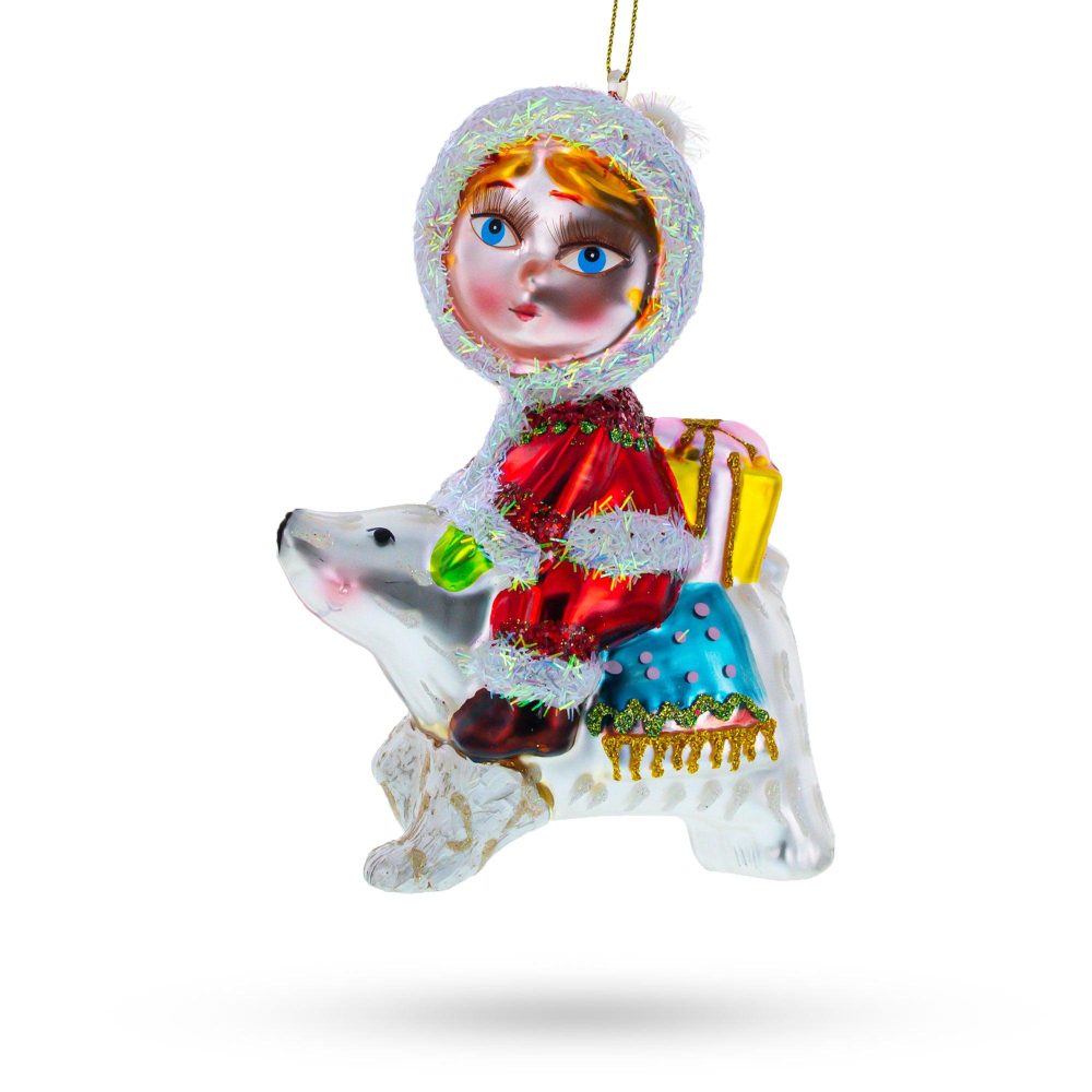 Enchanting Girl Riding A Polar Bear Hand Blown Glass Christmas Ornament  |   Animals Animals Animals