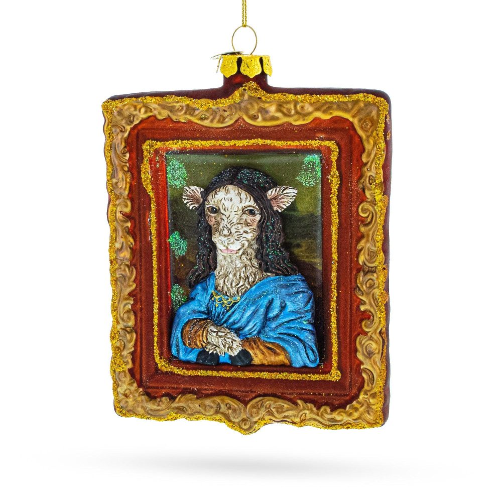 Enchanting Mona Lisa Sheep Blown Glass Christmas Ornament  |   Animals Animals Animals