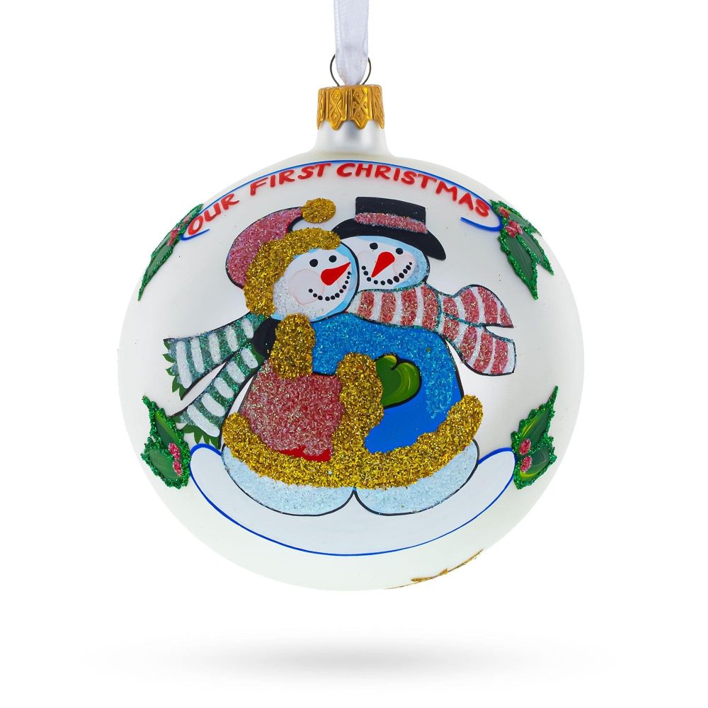 Enchanting Snowman Duo Blown Glass Ball ‘Our First Christmas’ Ornament 4 Inches  |   Love Love Love