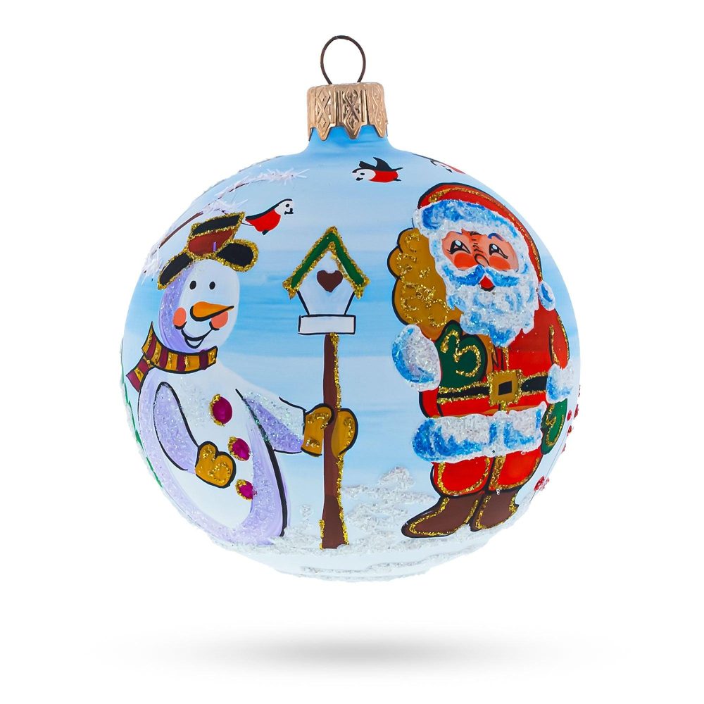 Enchanting Snowman With Bird House And Santa Blown Glass Ball Christmas Ornament 3.25 Inches  |   Personalized Ornaments Personalized