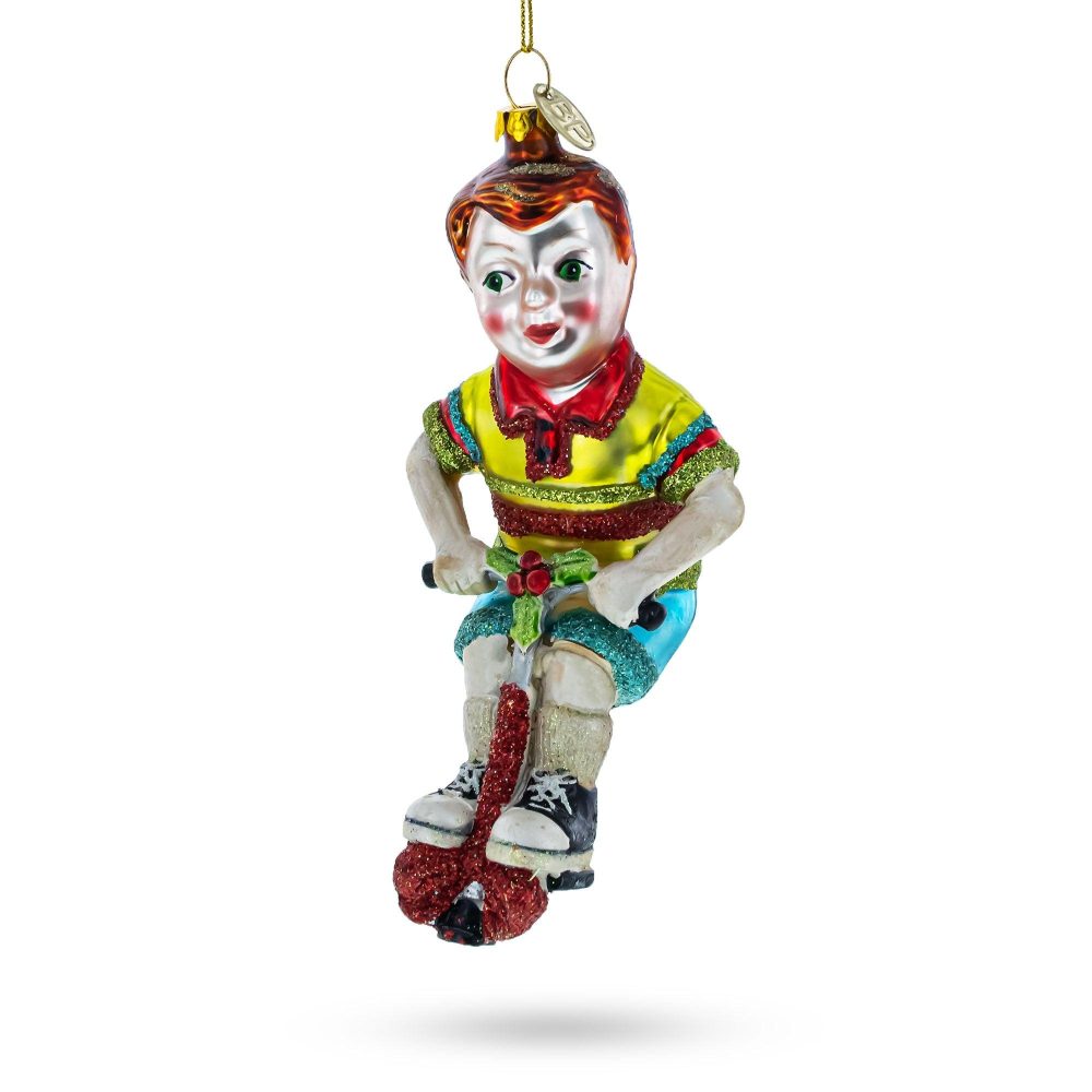 Energetic Boy On Pogo Stick Blown Glass Christmas Ornament  |   Sports Ornaments Sports