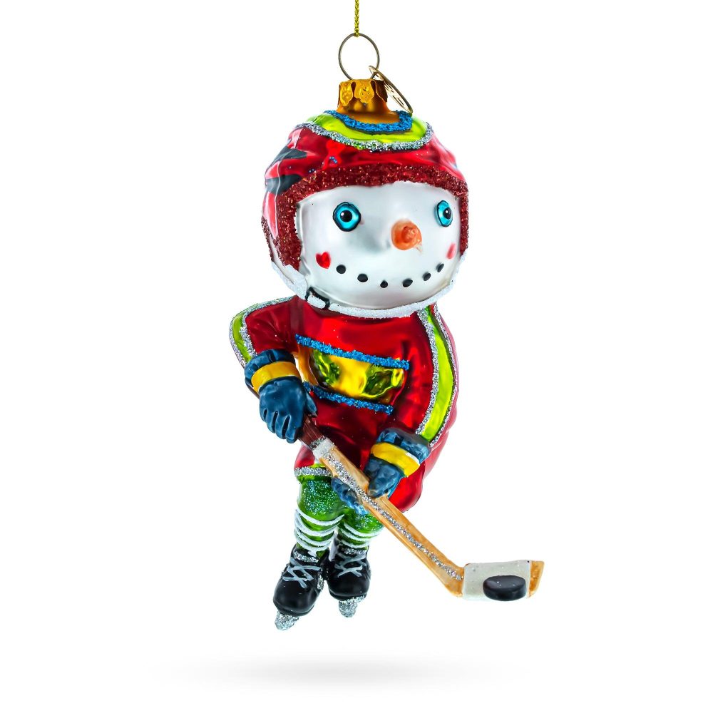 Energetic Snowman Playing Hockey Glass Christmas Ornament  |   Personalized Ornaments Personalized