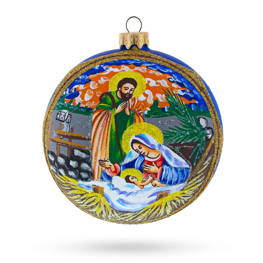 Ethereal Sunset Nativity Scene Blown Glass Ball Christmas Ornament 4 Inches  |   Religious Ornaments Ornaments Religious Ornaments