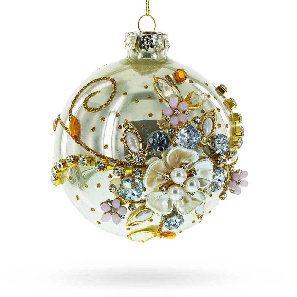 Exquisite Jeweled Flowers Adorning Blown Glass Ball Christmas Ornament  |   Flowers Flowers Flowers