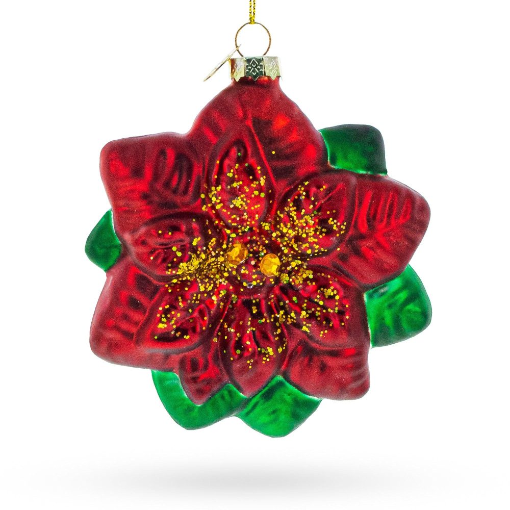 Exquisite Poinsettia Flower Blown Glass Christmas Ornament  |   Flowers Flowers Flowers