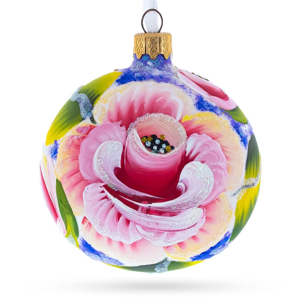 Exquisite Roses Flowers Blown Glass Ball Christmas Ornament 3.25 Inches  |   Flowers Flowers Flowers