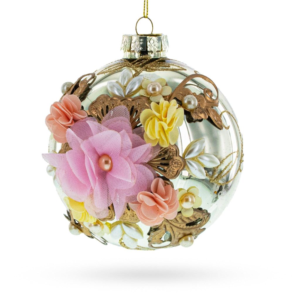 Fabric Flowers On Glass Ball Artistic Blown Glass Christmas Ornaments Ornament  |   Flowers Flowers Flowers