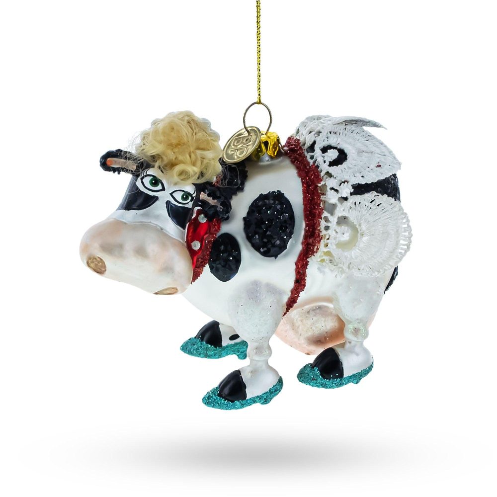 Fantastical Cow Sporting Wings Glass Christmas Ornament  |   Animals Animals Animals