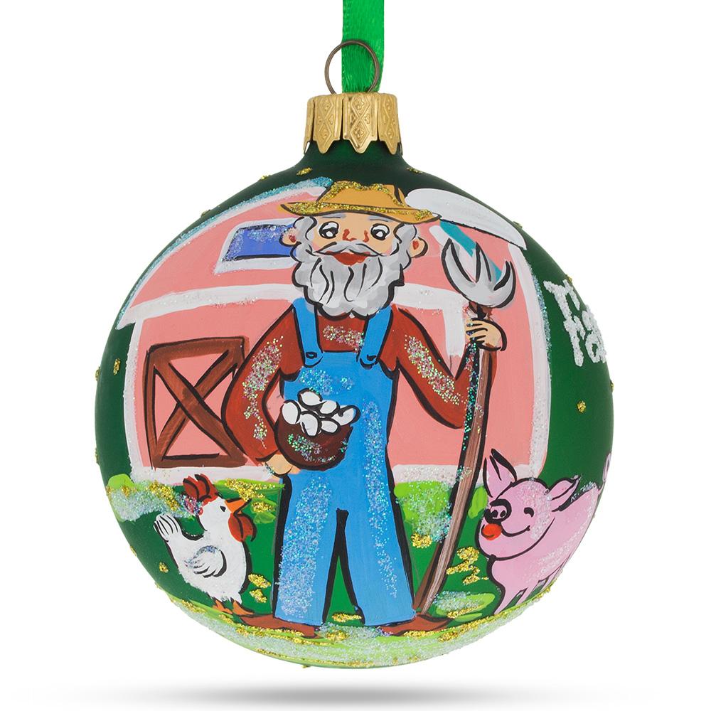 Farmer By The Barn Blown Glass Ball Christmas Ornament 3.25 Inches  |   Occupations Occupations Occupations