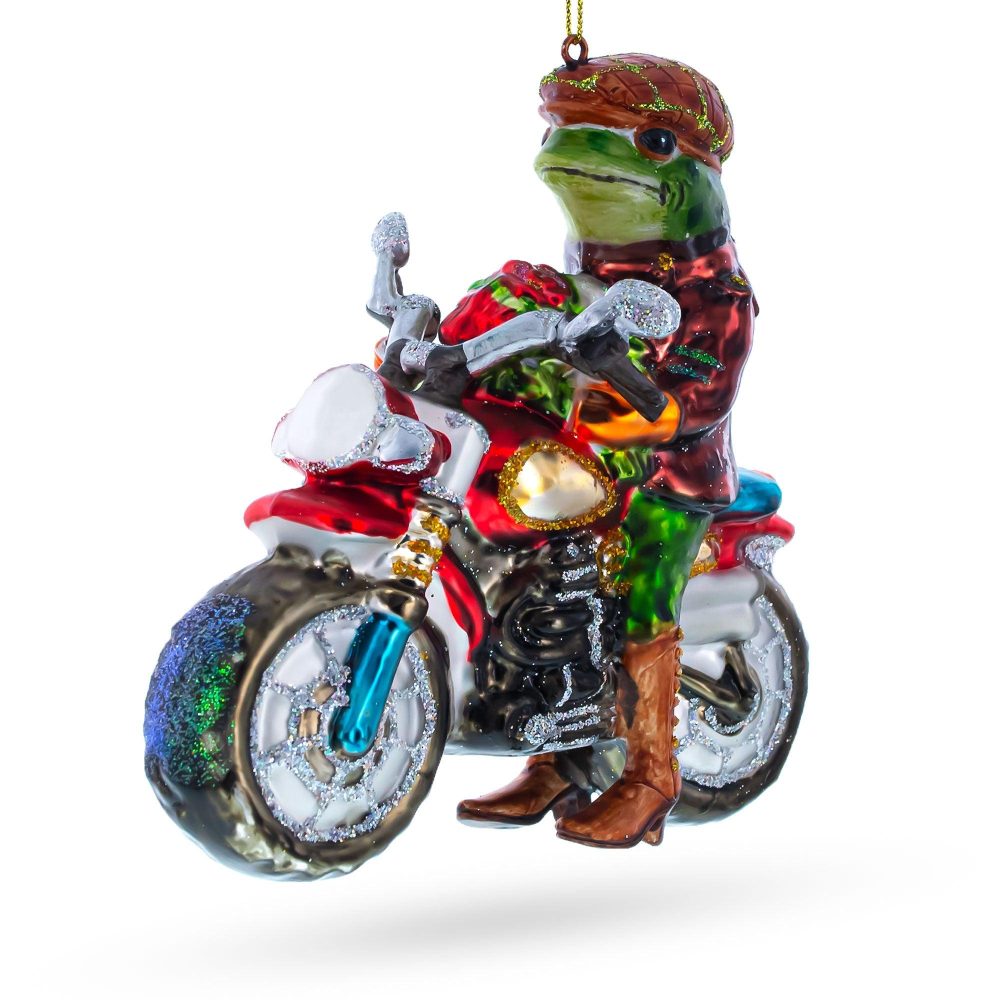 Fashionable Frog Riding Motorcycle Glass Christmas Ornament  |   Animals Animals Animals