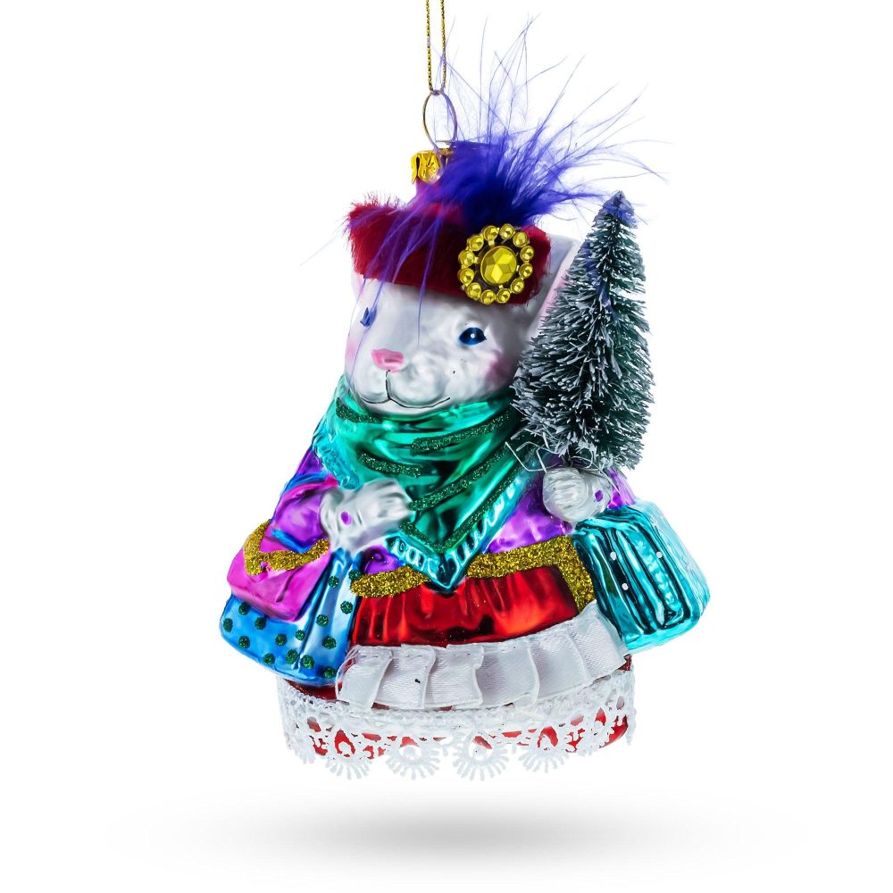 Fashionable Mouse With Tree And Gifts Blown Glass Christmas Ornament  |   Animals Animals Animals