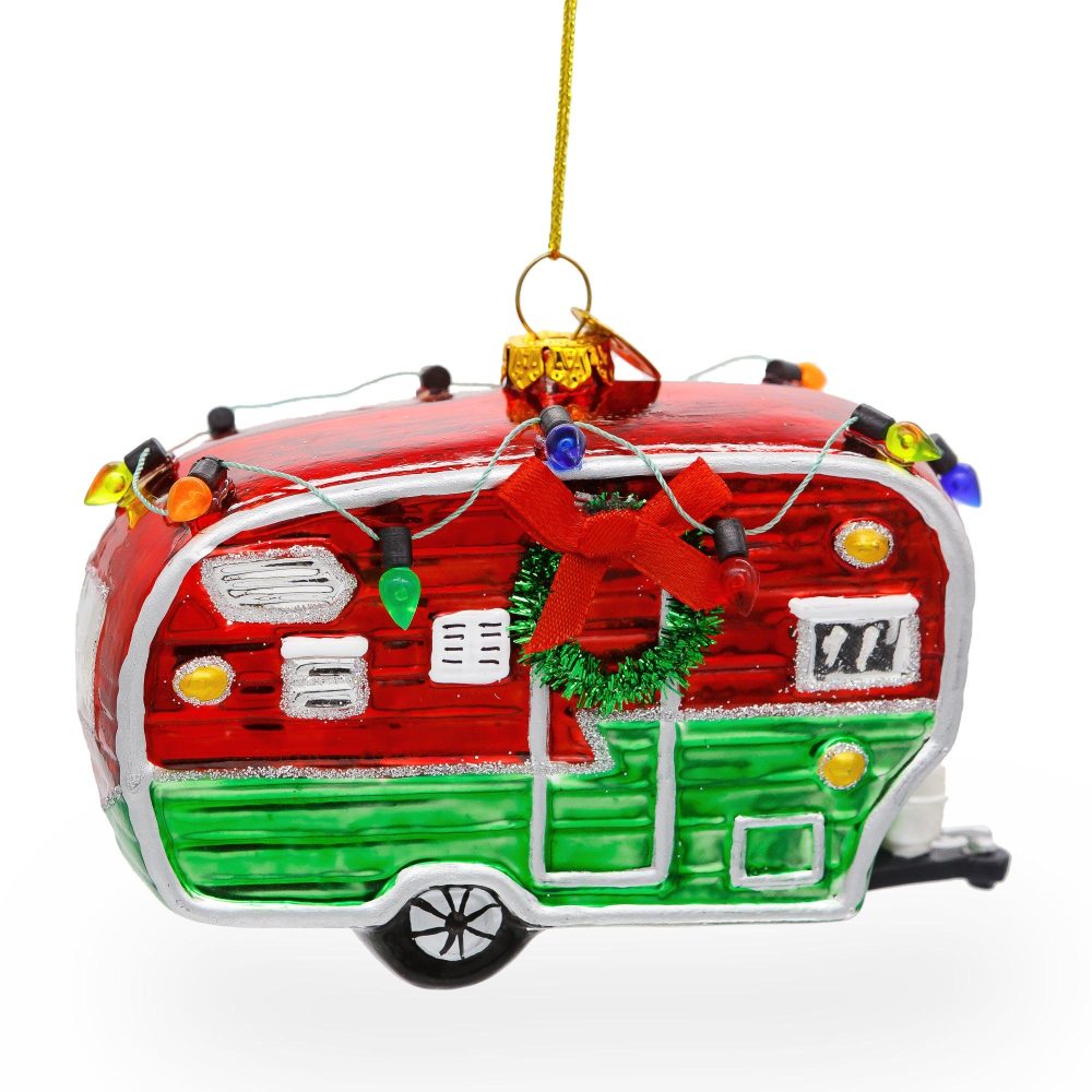 Festive Camper Trailer With Lights Glass Christmas Ornament  |   Transportation Ornaments Transportation