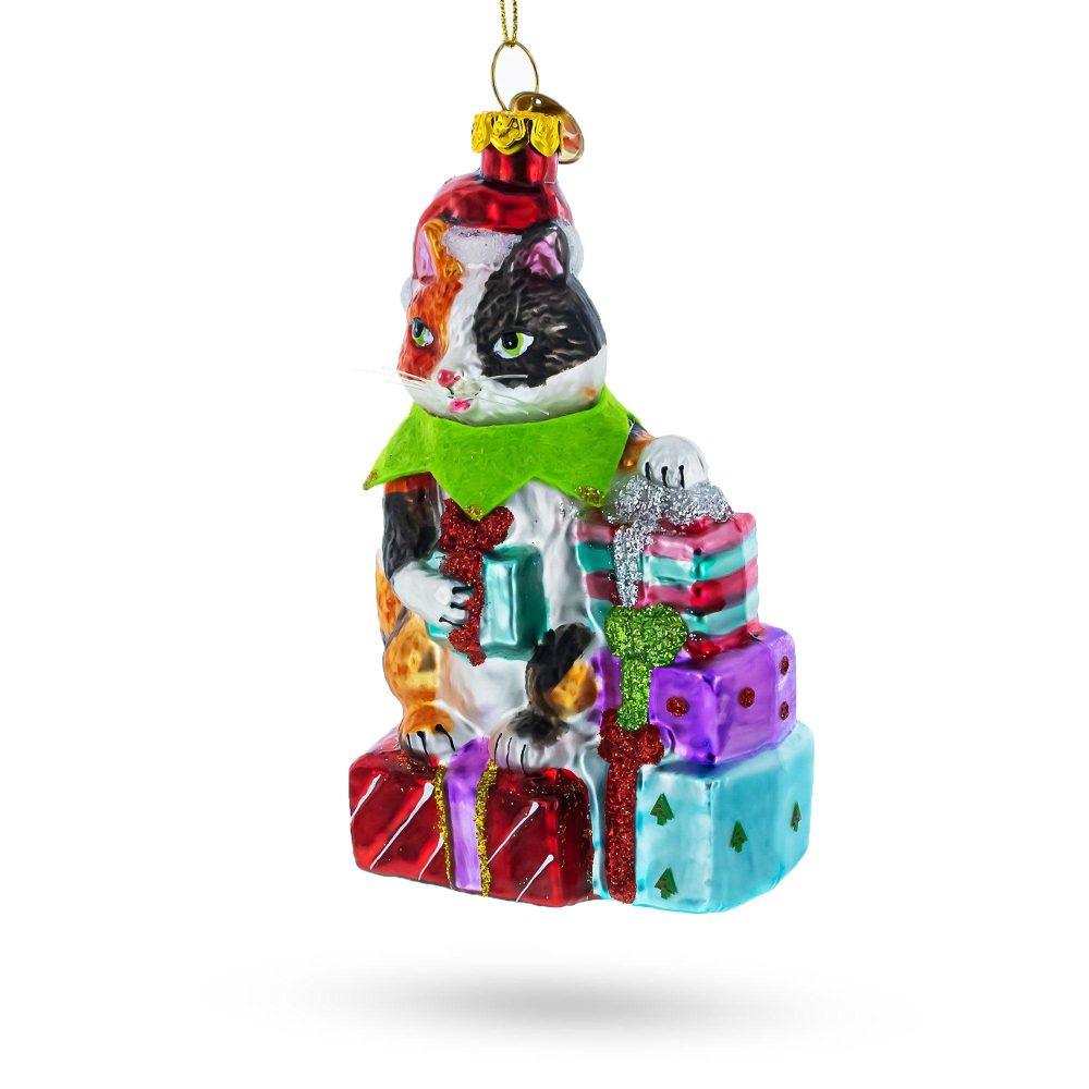 Festive Cat Surrounded By Gift Boxes Blown Glass Christmas Ornament  |   Animals Animals Animals