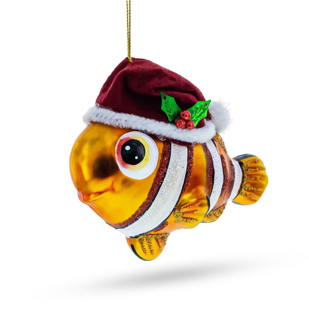 Festive Clownfish In Santa Hat Glass Christmas Ornament  |   Animals Animals Animals