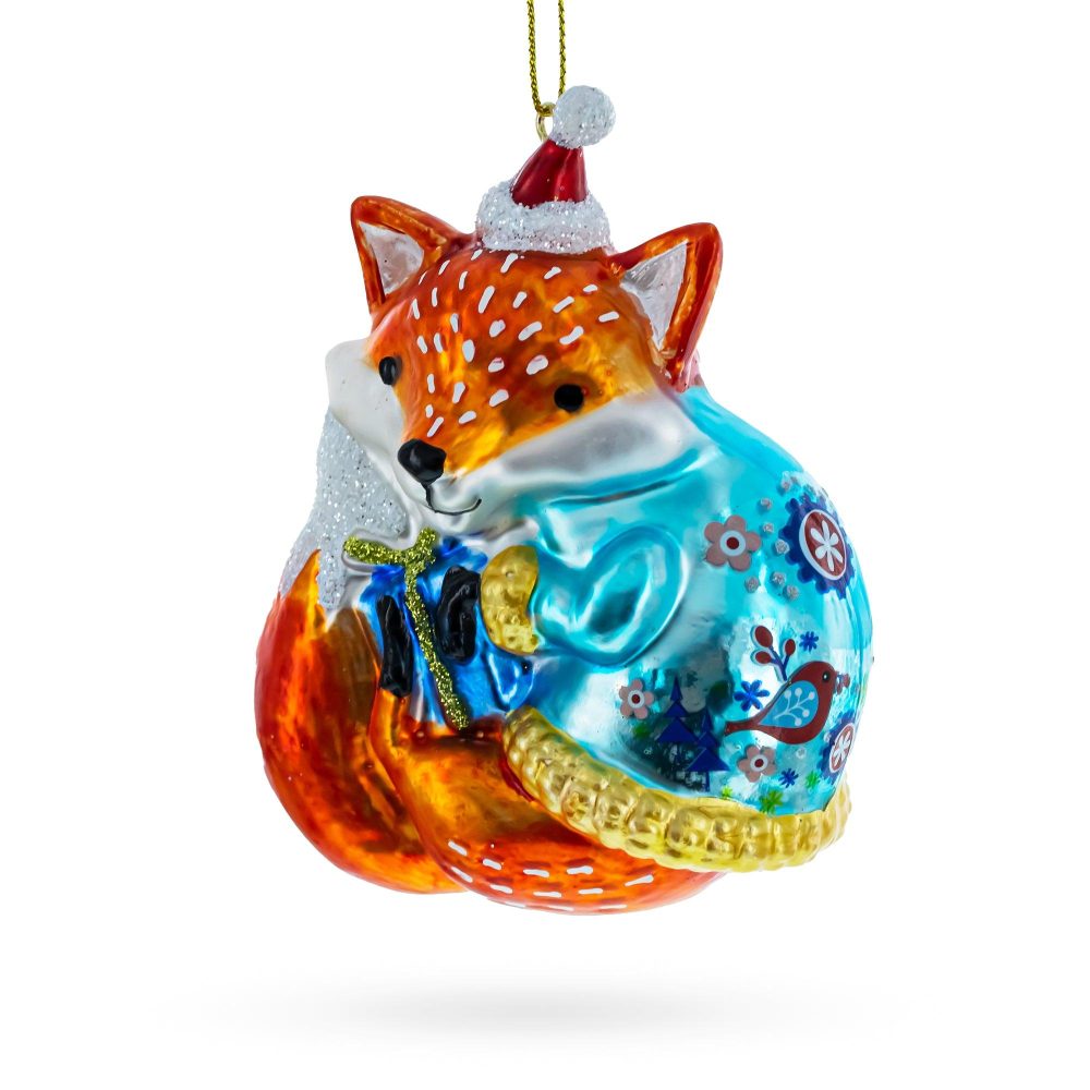 Festive Forest Friend: Whimsical Fox With Gifts Blown Glass Christmas Ornament  |   Animals Animals Animals