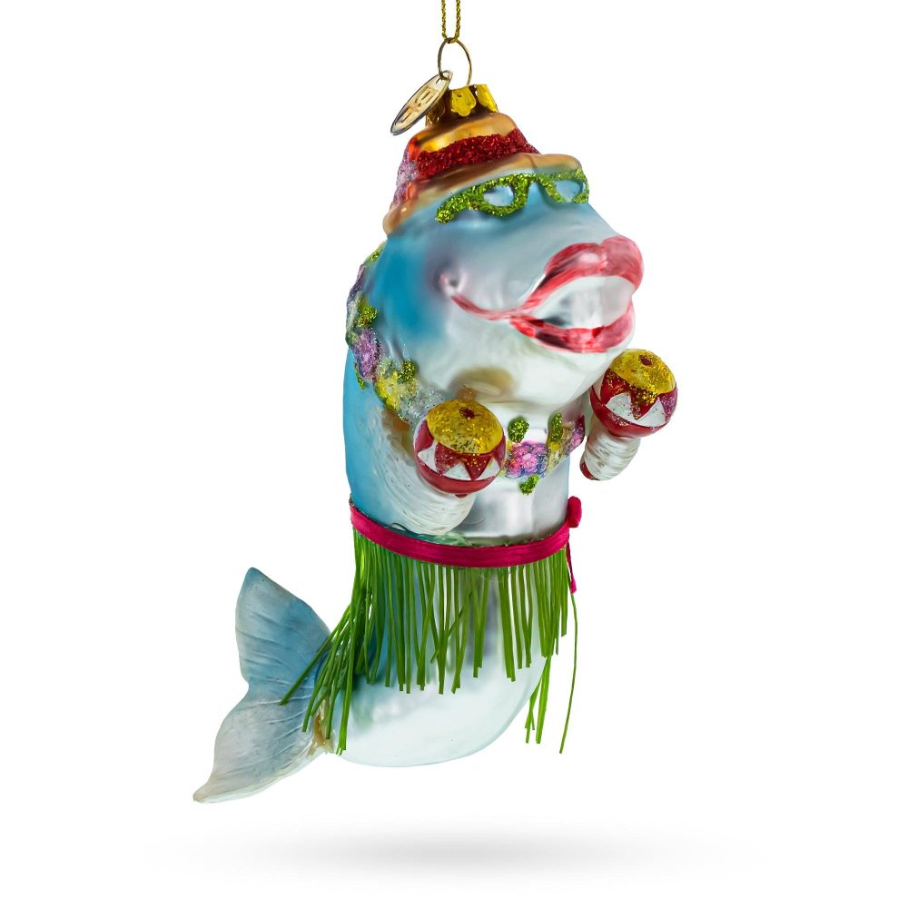 Festive Hawaiian Shark With Maracas Glass Christmas Ornament  |   Animals Animals Animals