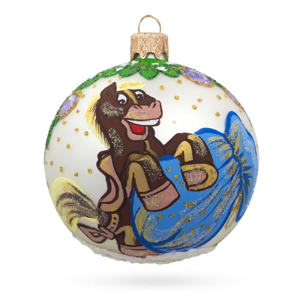 Festive Horse With Dangling Ornaments Blown Glass Ball Christmas Ornament 3.25 Inches  |   Animals Animals Animals