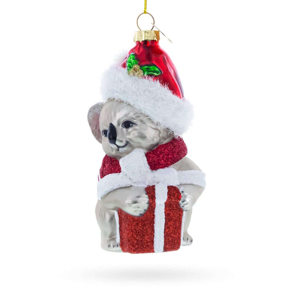 Festive Koala With Present Blown Glass Christmas Ornament  |   Animals Animals Animals