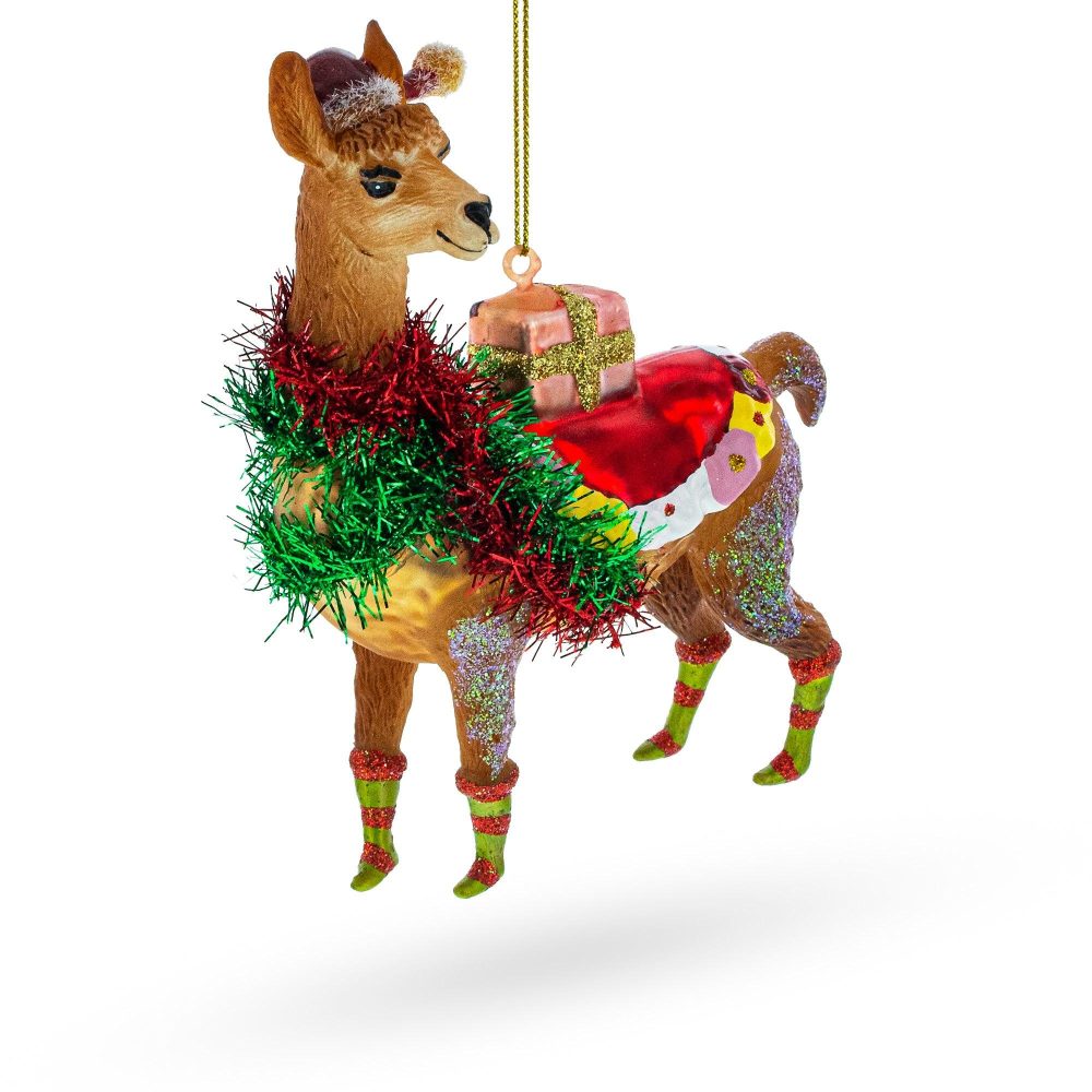 Festive Lama With Gifts Blown Glass Christmas Ornament  |   Animals Animals Animals