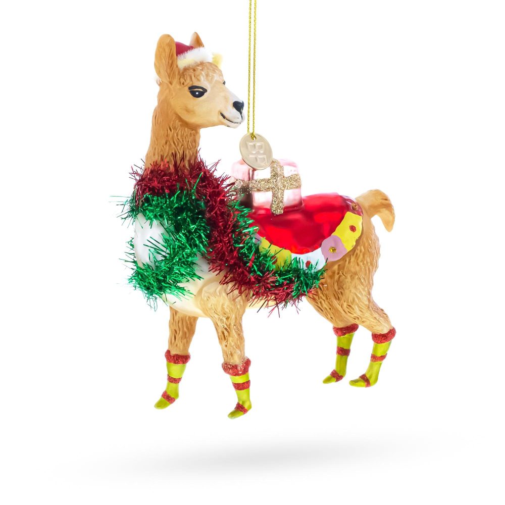 Festive Llama With Presents Blown Glass Christmas Ornament  |   Animals Animals Animals