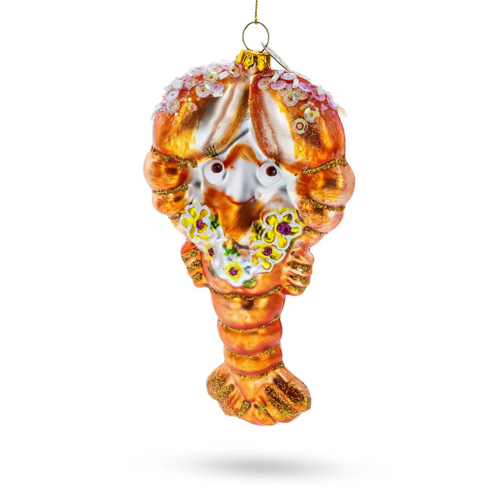 Festive Lobster With Beads Blown Glass Christmas Ornament  |   Animals Animals Animals