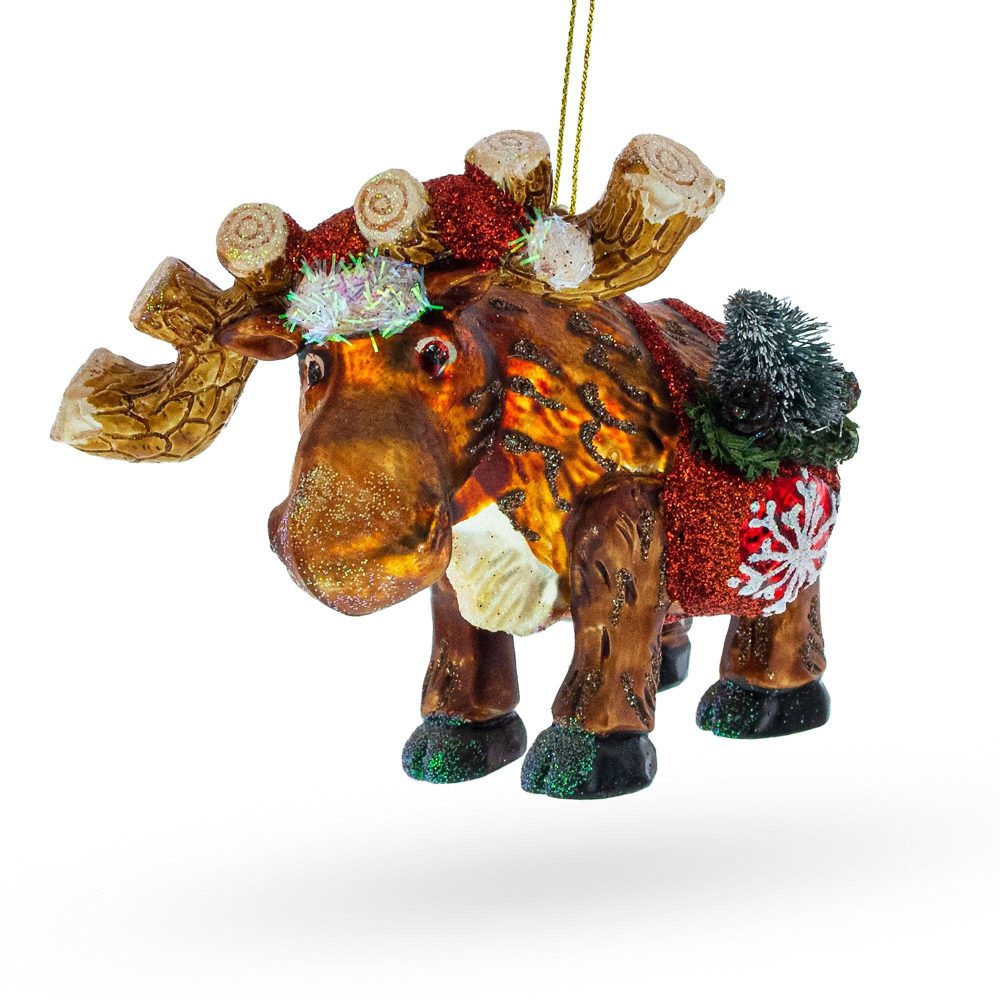 Festive Moose With Twinkling Lights Glass Christmas Ornament  |   Animals Animals Animals