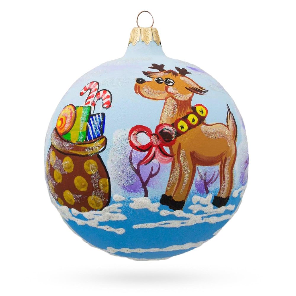 Festive Reindeer Carrying Bag Of Gifts Blown Glass Ball Christmas Ornament 4 Inches  |   Animals Animals Animals