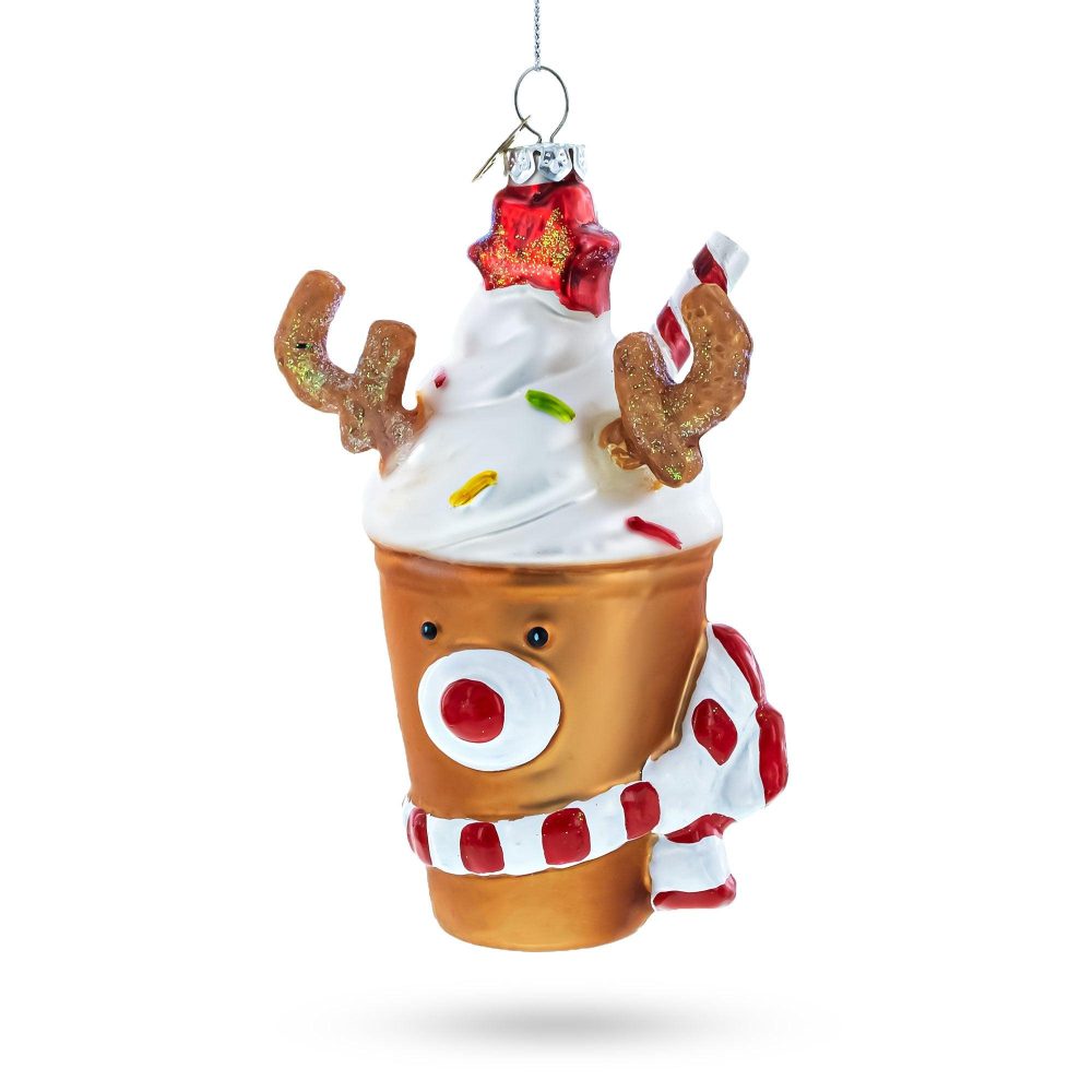 Festive Reindeer Milkshake Blown Glass Christmas Ornament  |   Food Food Food