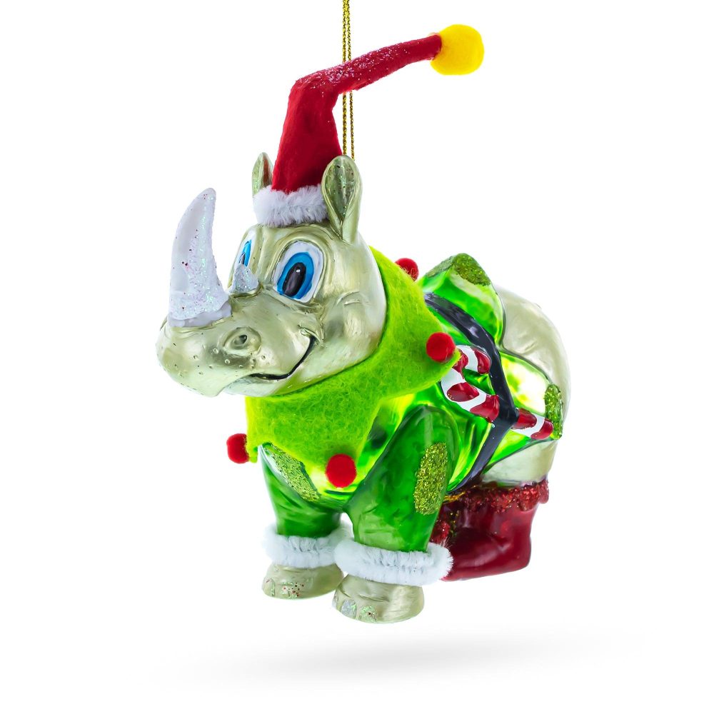 Festive Rhino In Santa Hat Blown Glass Christmas Ornament  |   Animals Animals Animals