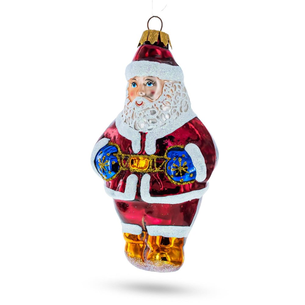 Festive Santa With Blue Mittens Mini Glass Christmas Ornament  |   Santa Ornaments Santa