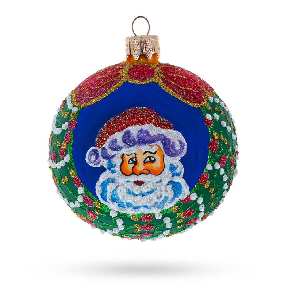 Festive Santa Wreath Gifts Blown Glass Ball Christmas Ornament 3.25 Inches  |   Personalized Ornaments Personalized