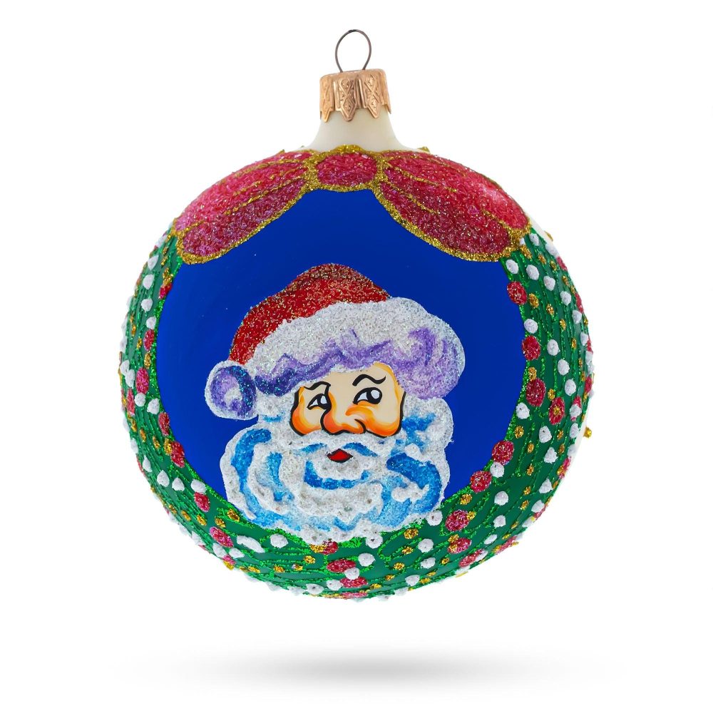 Festive Santa Wreath Gifts Blown Glass Ball Christmas Ornament 4 Inches  |   Personalized Ornaments Personalized