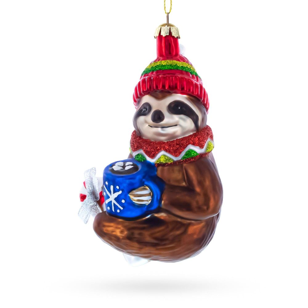 Festive Sloth With Mug Blown Glass Christmas Ornament  |   Animals Animals Animals