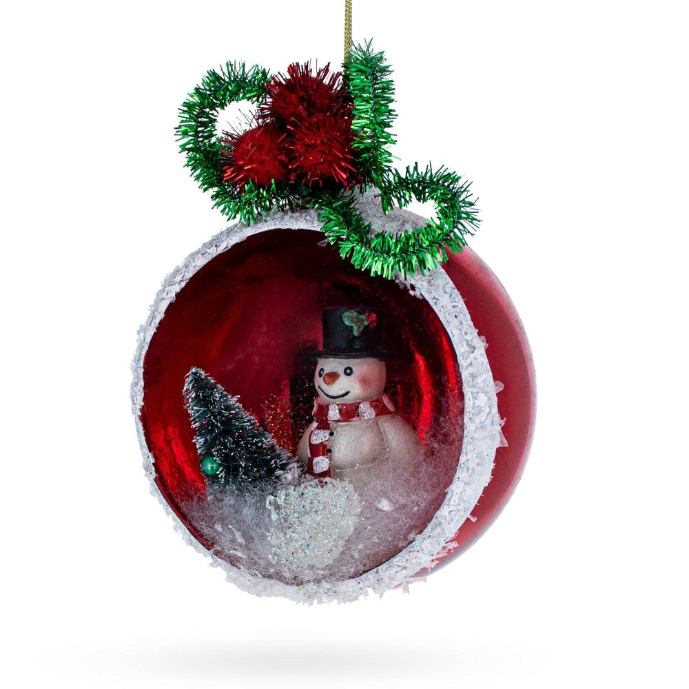 Festive Snowman And His Christmas Tree Blown Glass Ornament  |   Personalized Ornaments Personalized