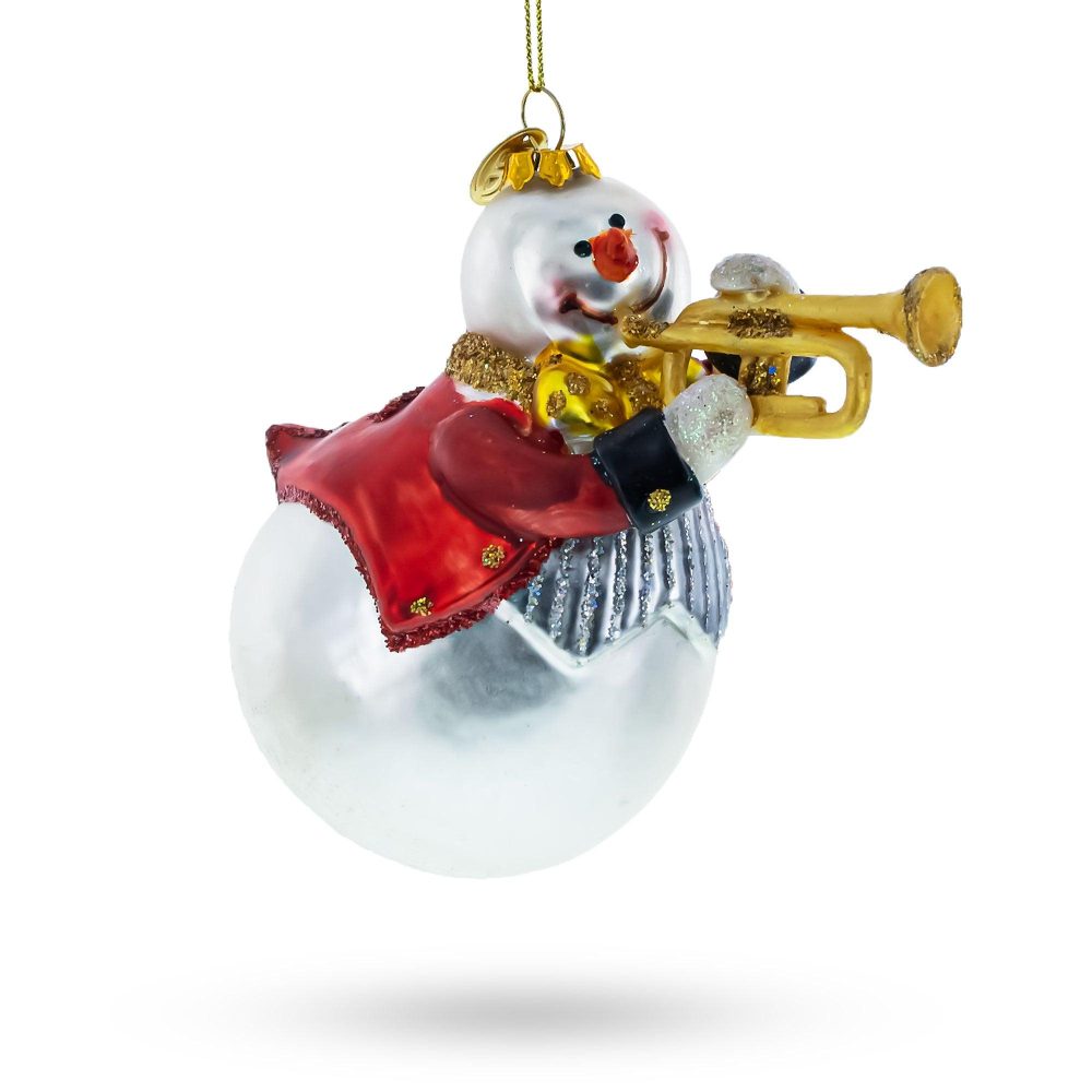 Festive Snowman Playing Trumpet Glass Christmas Ornament  |   Personalized Ornaments Personalized