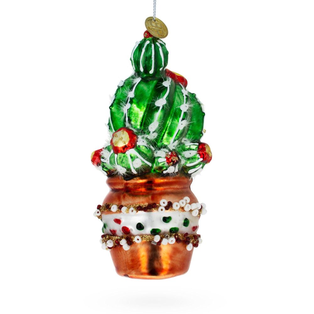 Festively Decorated Cactus In A Pot Glass Christmas Ornament  |   Flowers Flowers Flowers