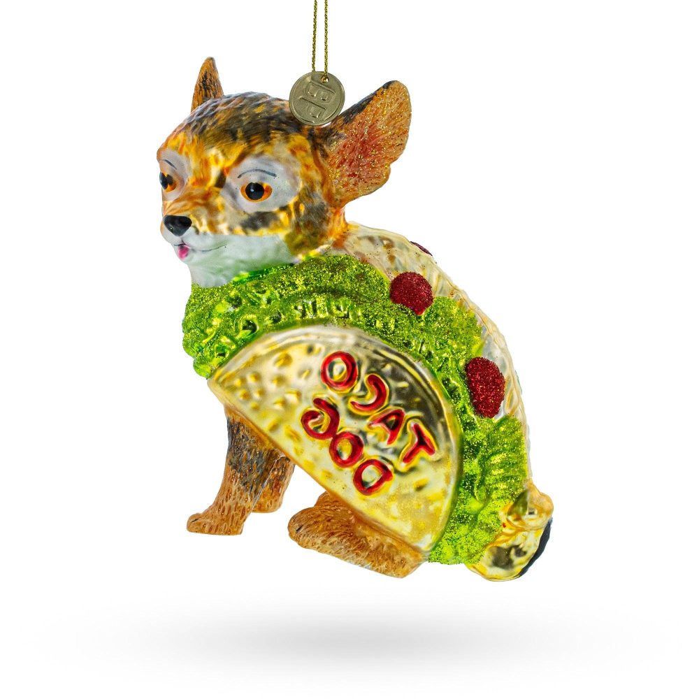 Fiesta Pup: Taco-Wearing Dog Blown Glass Christmas Ornament  |   Animals Animals Animals