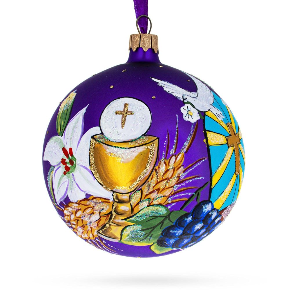 First Communion On Purple Blown Glass Ball Christmas Ornament 4 Inches  |   Religious Ornaments Ornaments Religious Ornaments