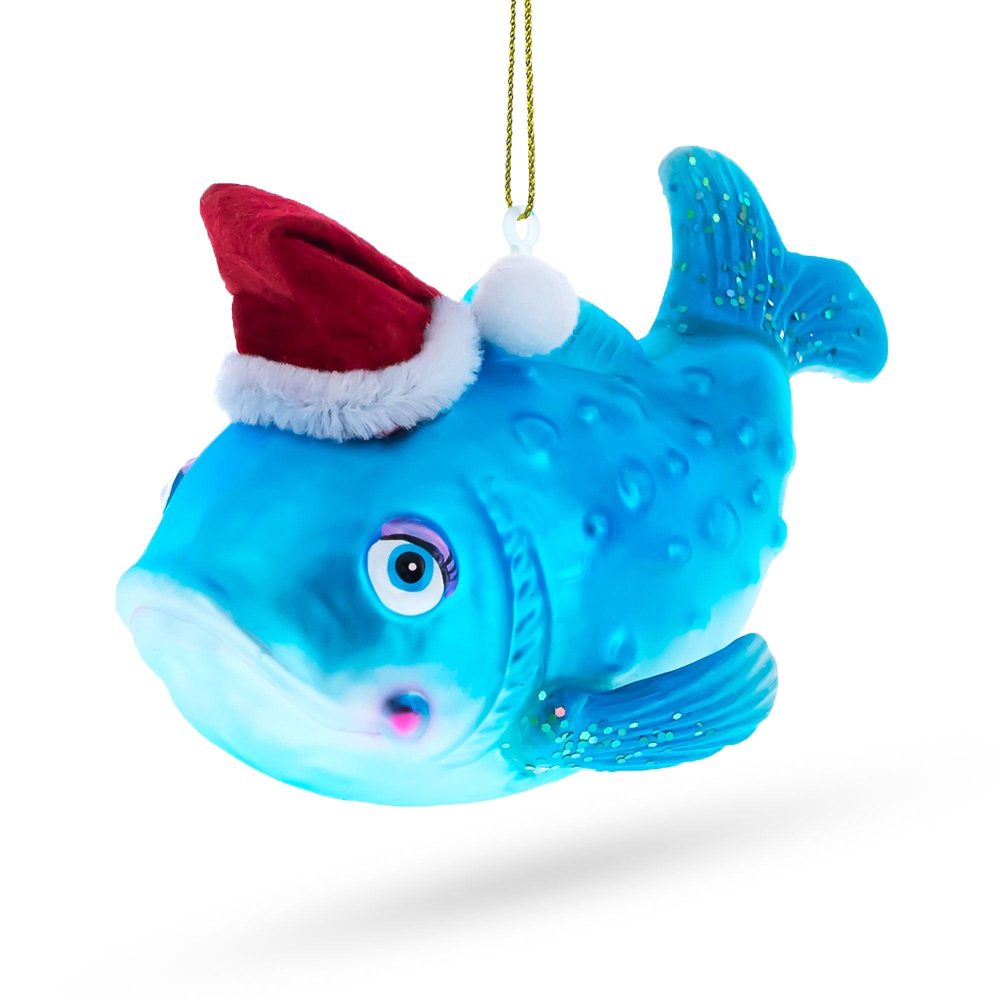 Fish In The Santa Hat Blown Glass Christmas Ornament  |   Animals Animals Animals