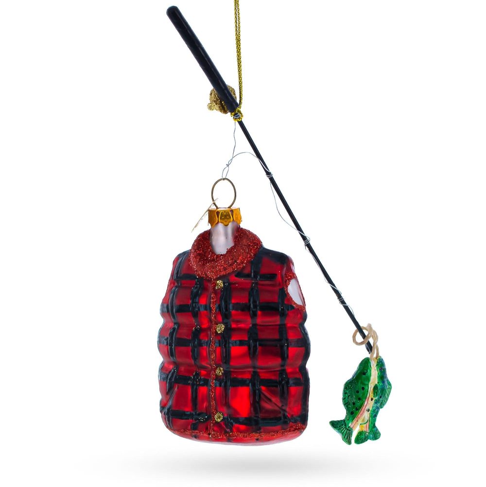 Fisherman Jacket And Rod Blown Glass Christmas Ornament  |   Hobby Hobby Hobby