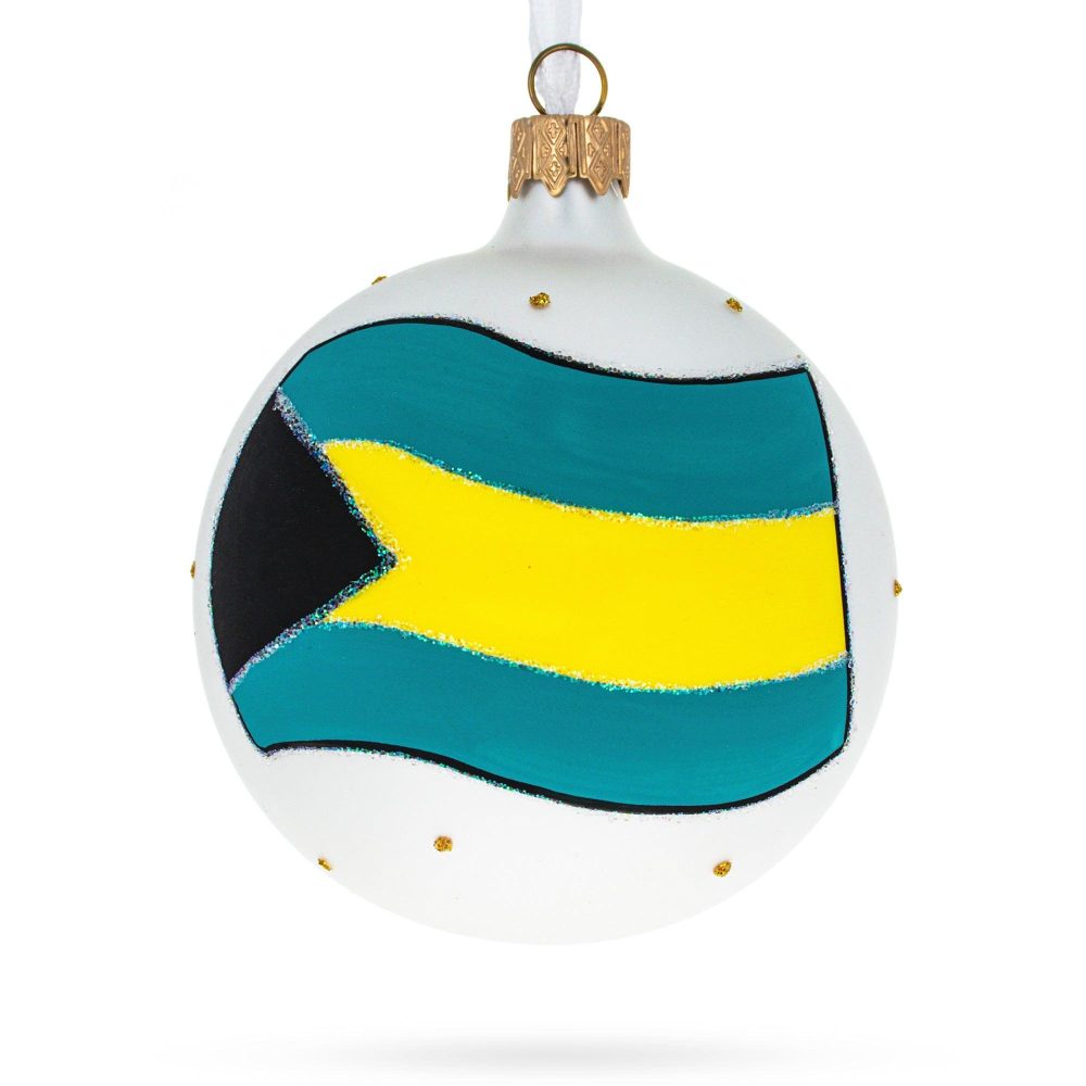 Flag Of Bahamas Blown Glass Ball Christmas Ornament 3.25 Inches  |   Flags Flags Flags