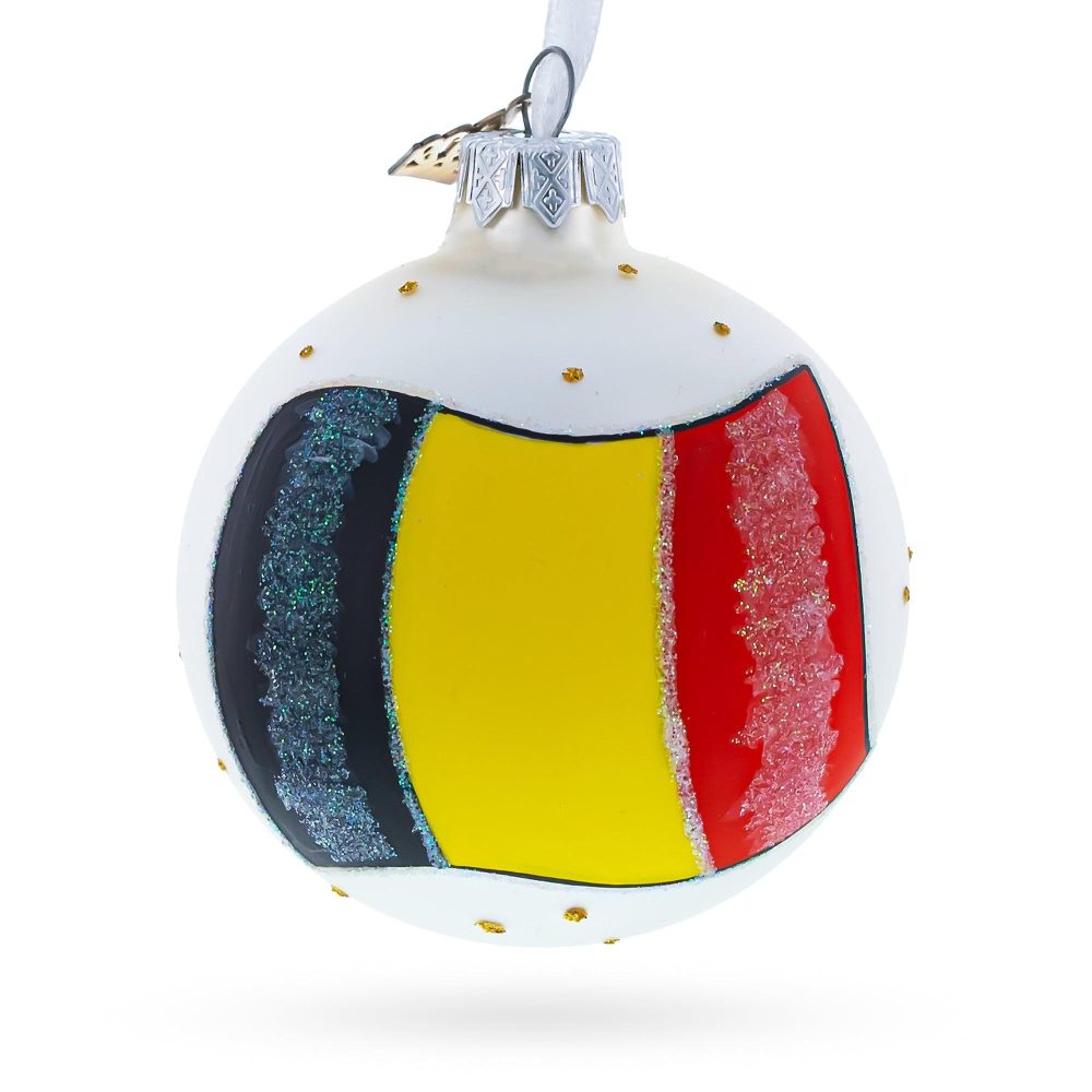 Flag Of Belgium Blown Glass Ball Christmas Ornament 3.25 Inches  |   Flags Flags Flags