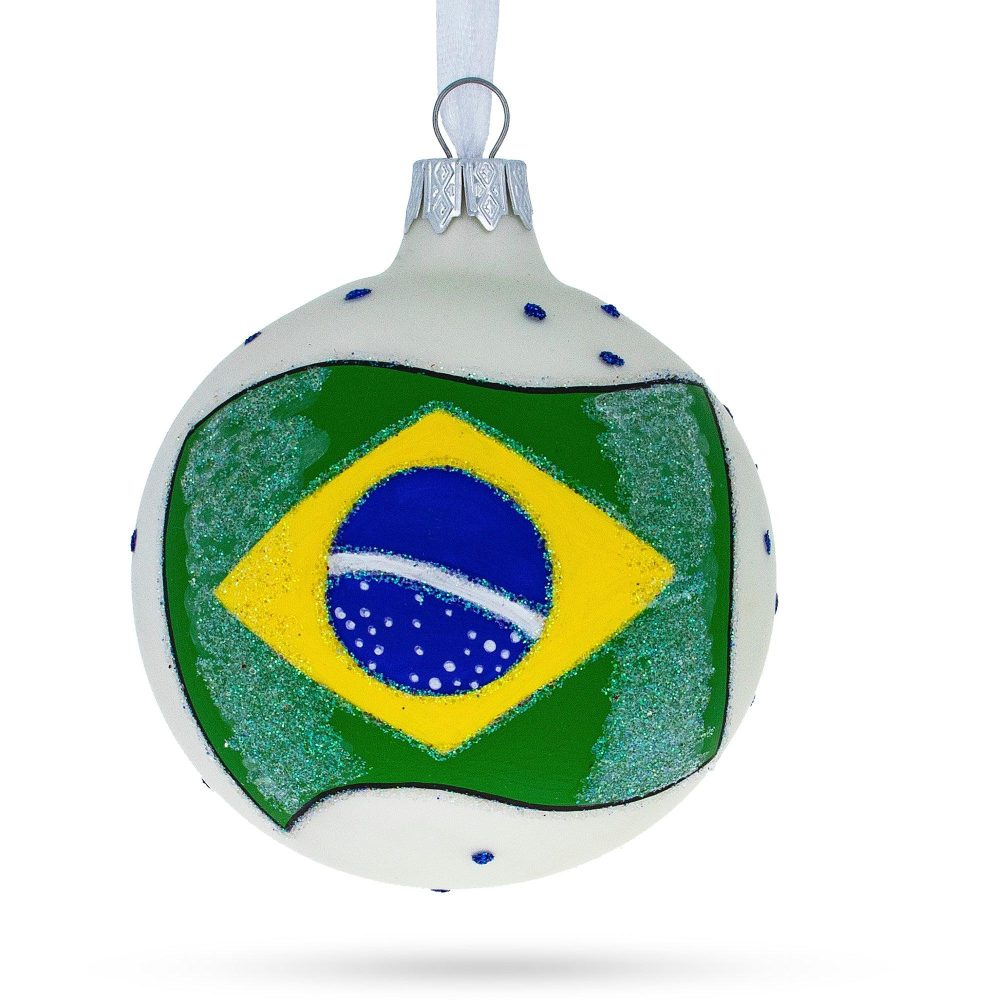 Flag Of Brazil Blown Glass Ball Christmas Ornament 3.25 Inches  |   Flags Flags Flags