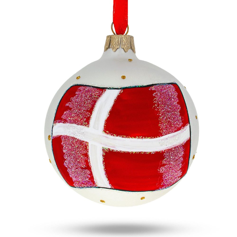 Flag Of Denmark Blown Glass Ball Christmas Ornament 3.25 Inches  |   Flags Flags Flags